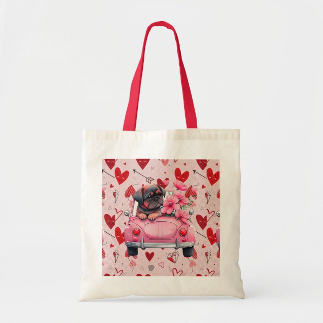 Bolsa Tote cão num carro com coração (Frente)