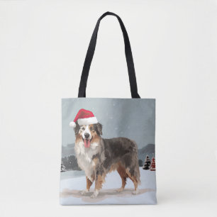 Bolsa Tote Cão Pastor Australiano na Neve de Natal