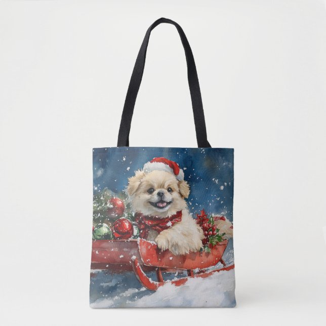 Bolsa Tote Cão Pequinês no Trenó Deixe Nevar Natal (Frente)