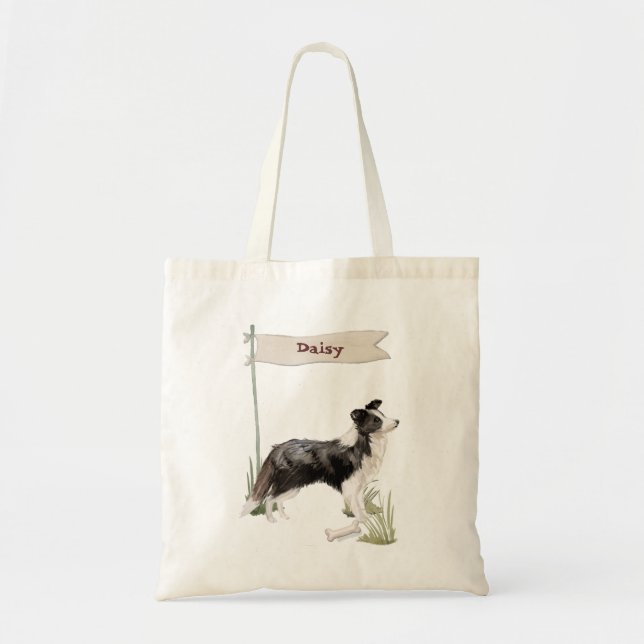 Bolsa Tote Cão Pet de Collie de Borda de Nome Personalizado (Frente)