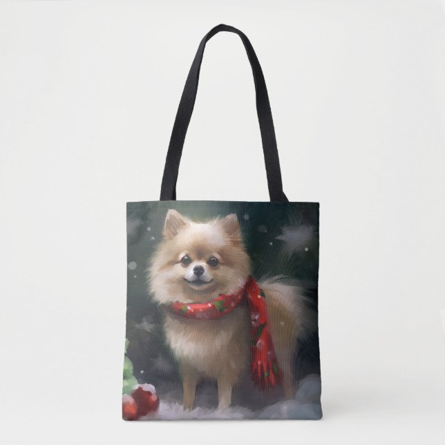 Bolsa Tote Cão Pomerano no Natal da Neve (Frente)