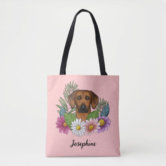 Bolsa Tote Cão Ridgeback da Rodésia com Flores e Nome Rosa (Frente)