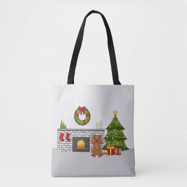 Bolsa Tote Cão Ruby Cavalier em uma Sala de Natal Festiva (Frente)
