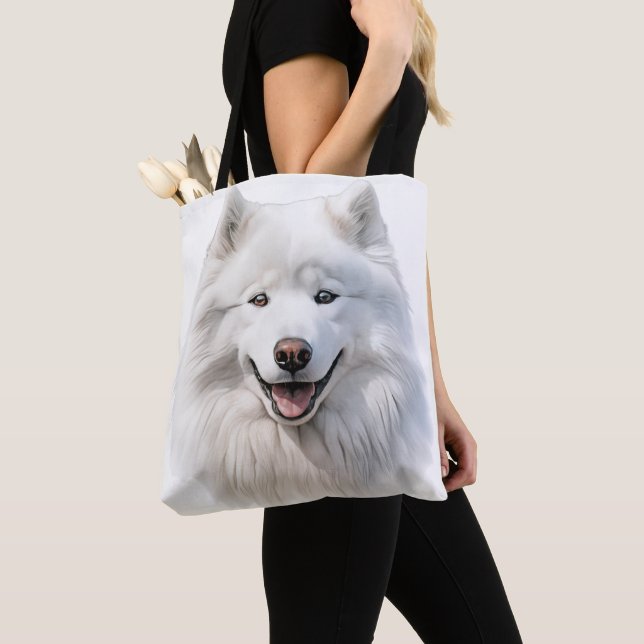 BOLSA TOTE CÃO SAMOÍDO DE GRANDE FLUFAÇÃO BRANCA (Close Up)