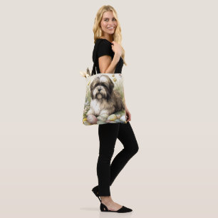 Bolsa Tote Cão Terrier Tibetano com Ovos da Páscoa