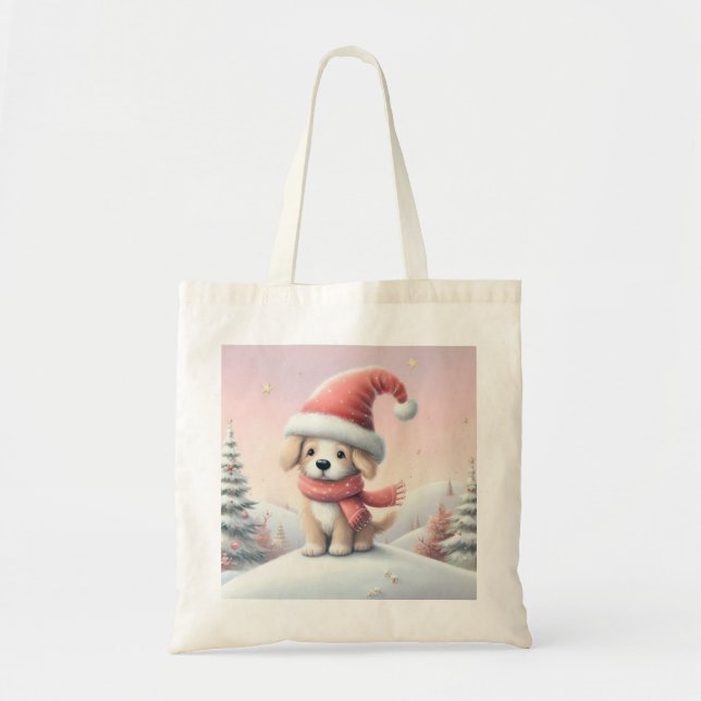 Bolsa Tote Cãozinho de Natal bonito com chapéu de Santa (Frente)