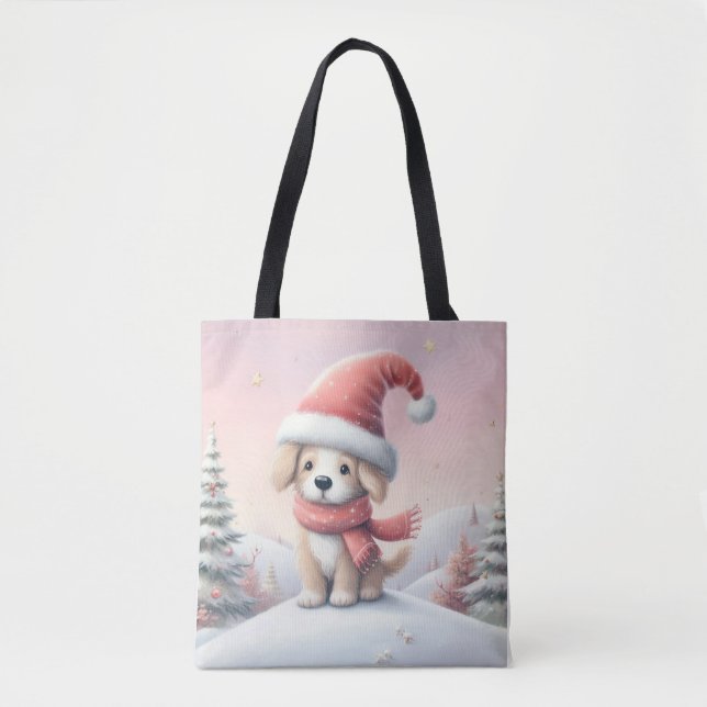 Bolsa Tote Cãozinho de Natal bonito com chapéu de Santa (Frente)