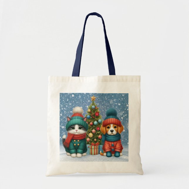 Bolsa Tote Cãozinho de Natal bonito e gatinho (Frente)