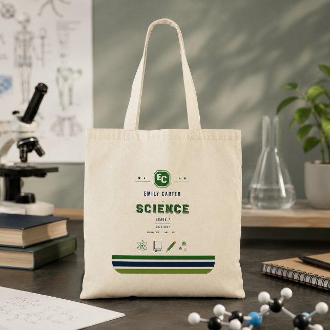 Bolsa Tote Capa Personalizada de Ciência Verde Naval para Esc (Personalized Navy Green Science School Cover Tote Bag
)