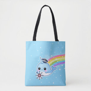 Bolsa Tote Capitão bonito narwhal com arco-íris