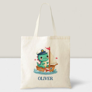 Bolsa Tote Capitão de veleiro náutico de dinossauro fofo 