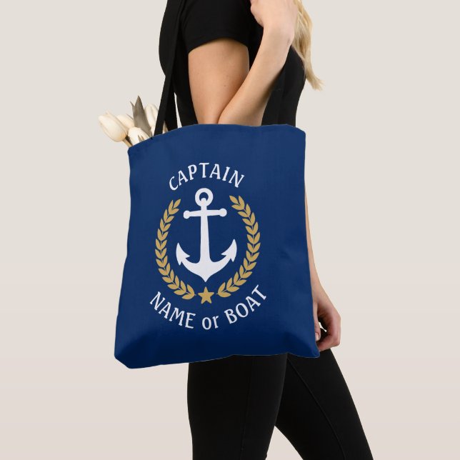 Bolsa Tote Capitão Seu Nome De Barco Ancora Dourado Marinho L (Close Up)