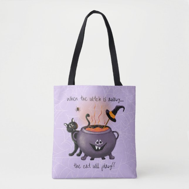 Bolsa Tote Capuldron Purple Halloween de Black Cat & Witch (Frente)