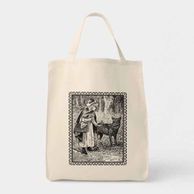 Bolsa Tote Capuz Vermelho Com Desenho de Lobo em Moldura Chiq (Frente)