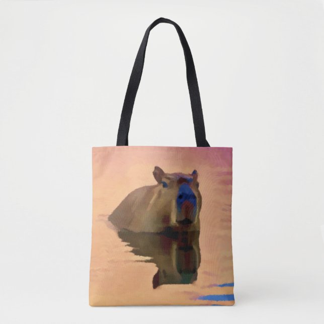 Bolsa Tote Capybara Emergente de Arte Tranquil em Lago (Frente)