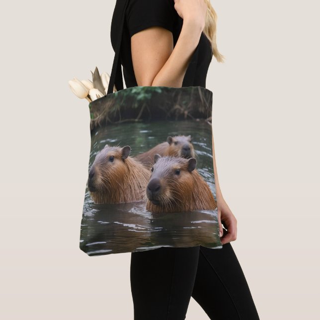 Bolsa Tote Capybaras Nadando No Rio, (Close Up)