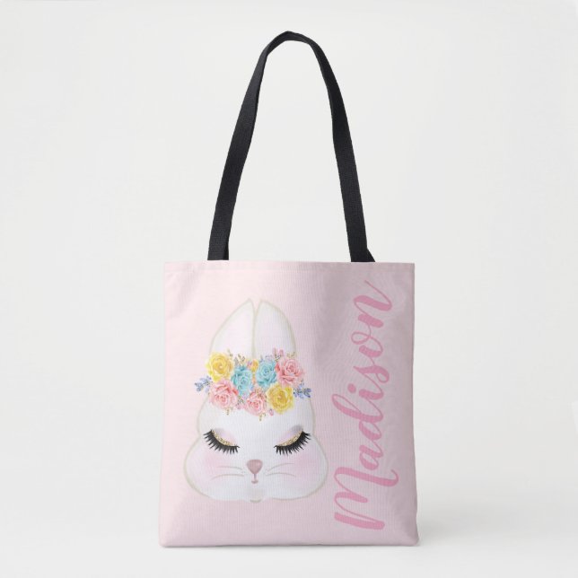 Bolsa Tote Cara cor-de-rosa personalizada do coelho floral (Frente)