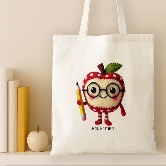 Bolsa Tote Caractere de Maçã Vermelha Cuta com Nome de Profes (tote back for teachers with a cute apple man character holding a pencil. Add a name)