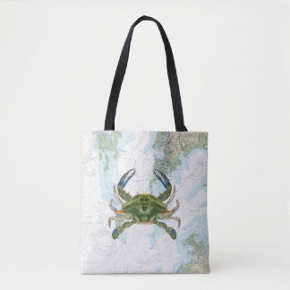 Bolsa Tote Caranguejo azul com gráfico náutico da Baía de Che