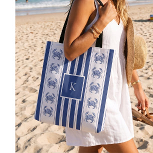 Bolsa Tote Caranguejo Azul Monograma Náutico Costeiro
