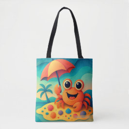 Bolsa Tote Caranguejo Feliz na Praia com Guarda-Chuva Tropica