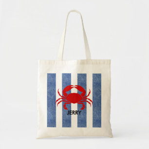 Bolsa Tote Caranguejo Vermelho em Listras de Denim Azul