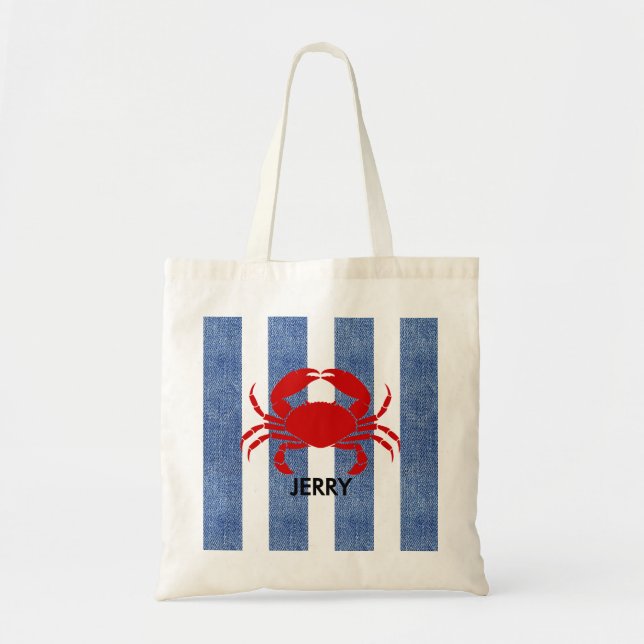Bolsa Tote Caranguejo Vermelho nas Bandas de Denim Azul (Frente)