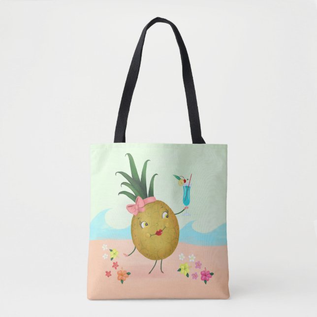 Bolsa Tote Caráter de abacaxi na praia (Frente)