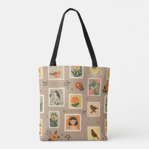 Bolsa Tote Carimbo de Carimbo Vintage - Saco Floral e Pássaro