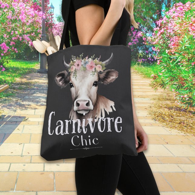 Bolsa Tote Carnivore Chic Cute Pastel Floral (Embrace your wild side with Carnivore Chic tote, featuring a bovine beauty crowned in florals.)