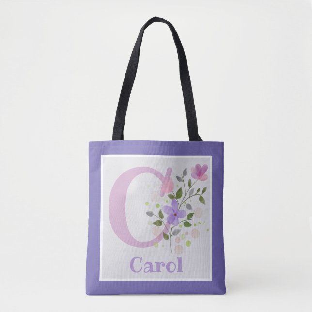 Bolsa Tote Carol com Flores do Nome do Primeiro Plus Inicial (Frente)
