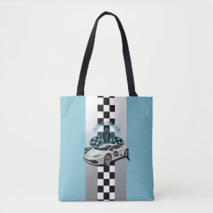 Bolsa Tote Carro de corrida, preto e branco, azul com verific