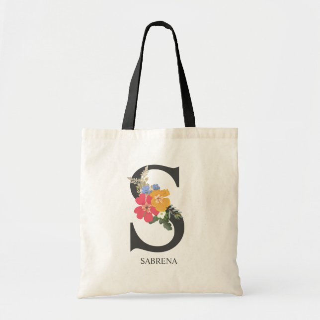 Bolsa Tote Carta Monogramada S Buquê Floral  (Frente)