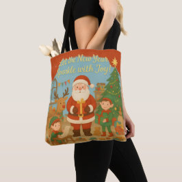 Bolsa Tote Cartão de Ano Novo de Natal com Papai Noel e Elfos