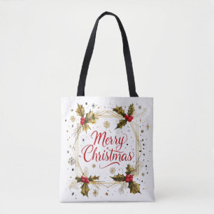 Bolsa Tote Cartão de Natal Clássico e Feliz com Holly Design