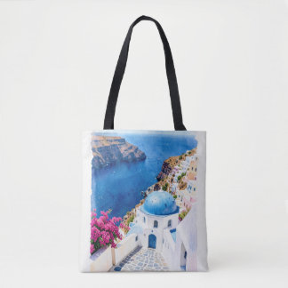 Bolsa Tote Cartaz de Aquarela da Cúpula Azul de Santorini