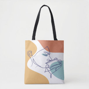 Bolsa Tote cartaz de desenho de arte linear de mulher bebendo