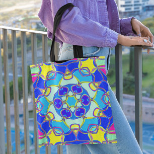 Bolsa Tote Cartografia Mandala Flor Azul Amarelo e Rosa