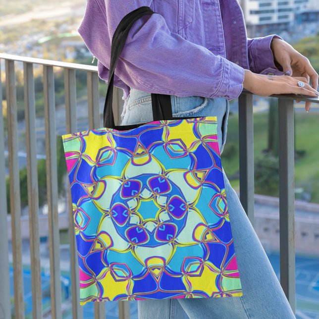 Bolsa Tote Cartografia Mandala Flor Azul Amarelo e Rosa (Criador carregado)