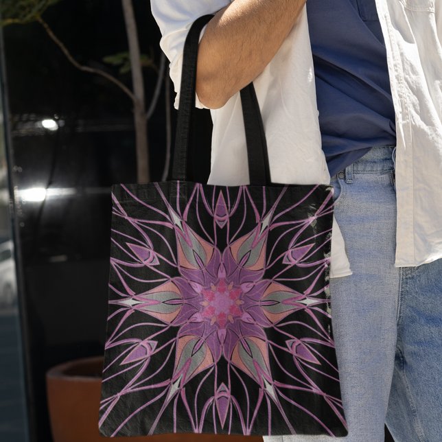 Bolsa Tote Cartografia Mandala Flor Preto Púrpura e Rosa (Criador carregado)