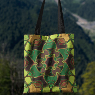 Bolsa Tote Cartografia Mandala Flor Verde Amarelo e Laranja