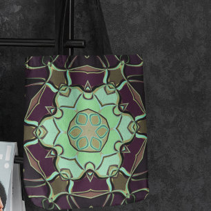 Bolsa Tote Cartografia Mandala Flor Verde Roxo e Preto