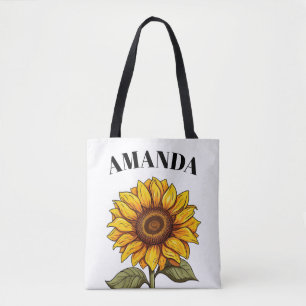 Bolsa Tote Cartoon Amarelo Personalizado Nome Curvo Girassol
