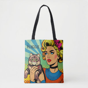 Bolsa Tote Cartoon Comic Pop Art Women and Cat Personalizado