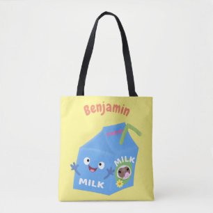 Bolsa Tote Cartoon de cartonagem de leite feliz e bonito