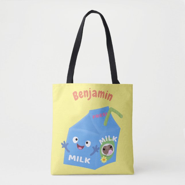 Bolsa Tote Cartoon de cartonagem de leite feliz e bonito (Frente)
