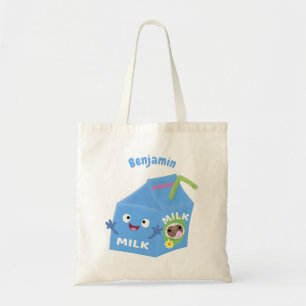 Bolsa Tote Cartoon de cartonagem de leite feliz e bonito