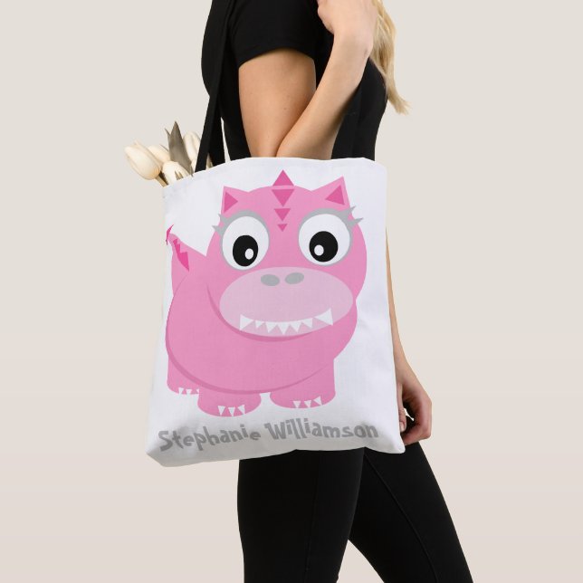 Bolsa Tote Cartoon de Dino Kawaii, cor-de-rosa (Close Up)