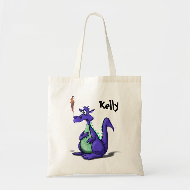 Bolsa Tote Cartoon de Dragão Roxo Preocupado (Frente)