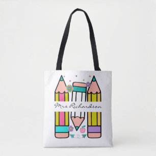 Bolsa Tote Cartoon de lápis de nome de professor colorido